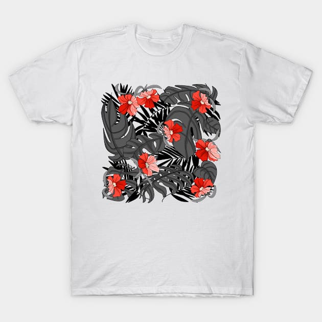 Tropical Wilderness Pattern Black and Red T-Shirt by Aelin